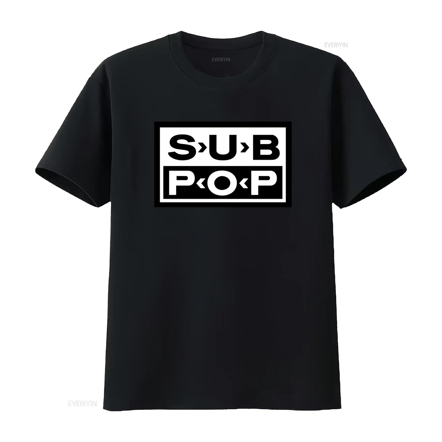 Mens Fashion Black Shirt - เสื้อยืดโลโก้ Sub Pop สีดำ พิมพ์ลายสีขาว สไตล์เรโทร
