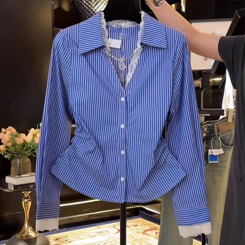 Polo Shirt Slim - Elegant Lace Patchwork จีบ Slim เสื้อฤดูใบไม้ผลิฤดูใบไม้ร่วงโปโลคอลายเสื้อ