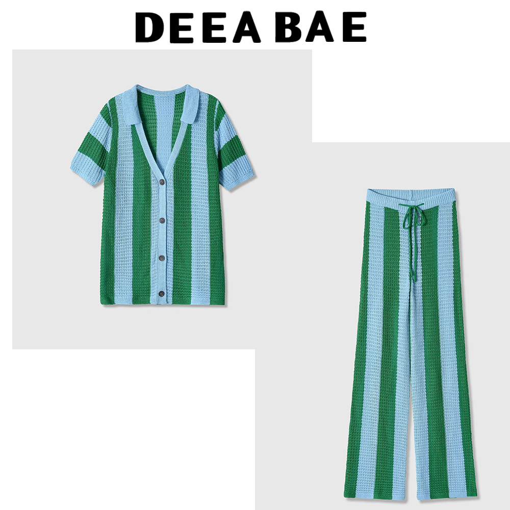 Polo Shirt Slim - DEEABAE เสื้อโปโลแขนสั้นคอวีลายทางถักนิตติ้ง ชุดกางเกงขายาวเอวสูงยางยืดเอวตรง