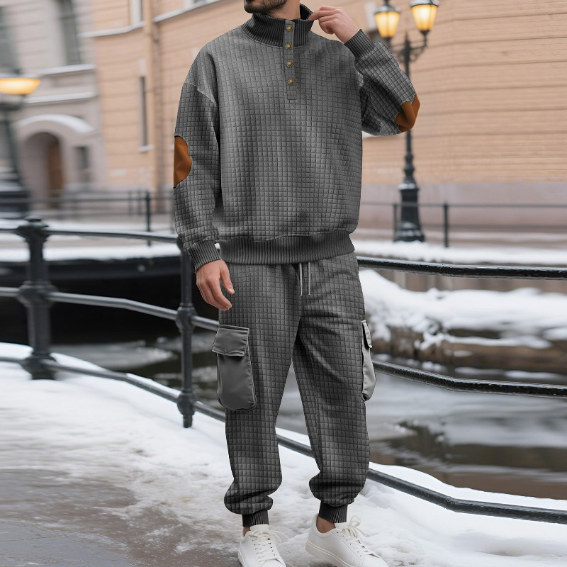Mens Fashion Cargo Pants - ชุดเสื้อสเวตเชิ้ตผู้ชาย KIDWHXR สำหรับฤดูใบไม้ร่วง แฟชั่นลายสก็อต คอตั้ง เสื้อพูลโอเวอร์