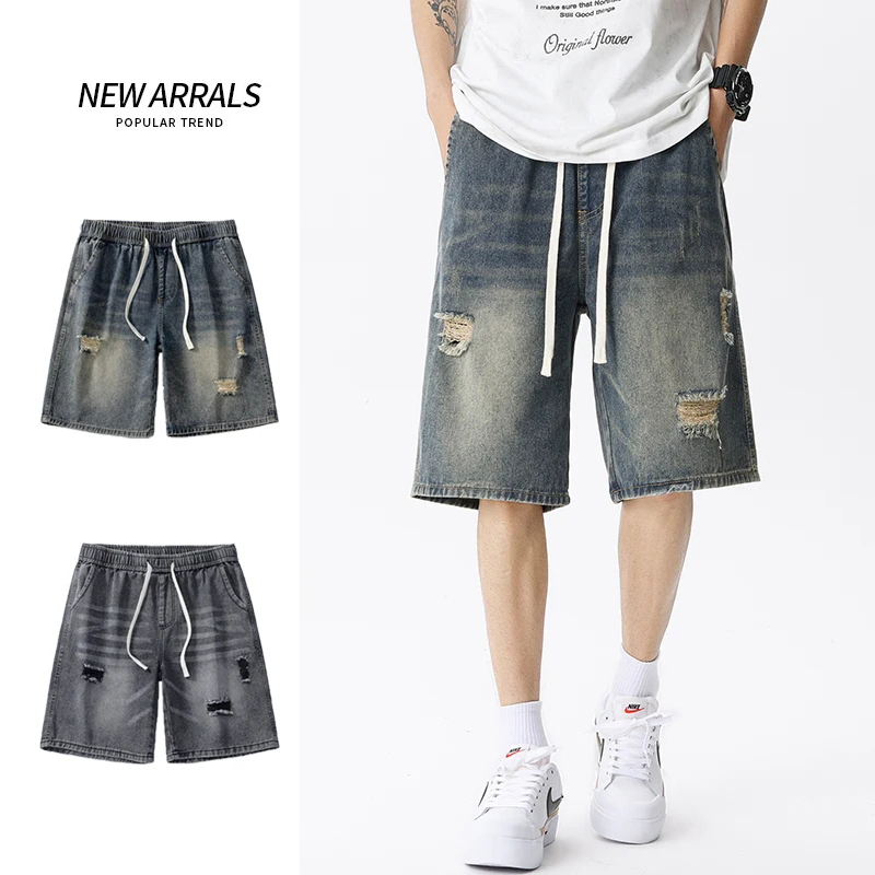 Men'S Fashion Linen Pants - เสื้อผ้าแนวสตรีทเรโทรของผู้ชาย celana pendek DENIM บางฤดูร้อนกางเกงยีนส์ชายขาสั้นยืดตรงหลวมสีฟ้าสีเทา