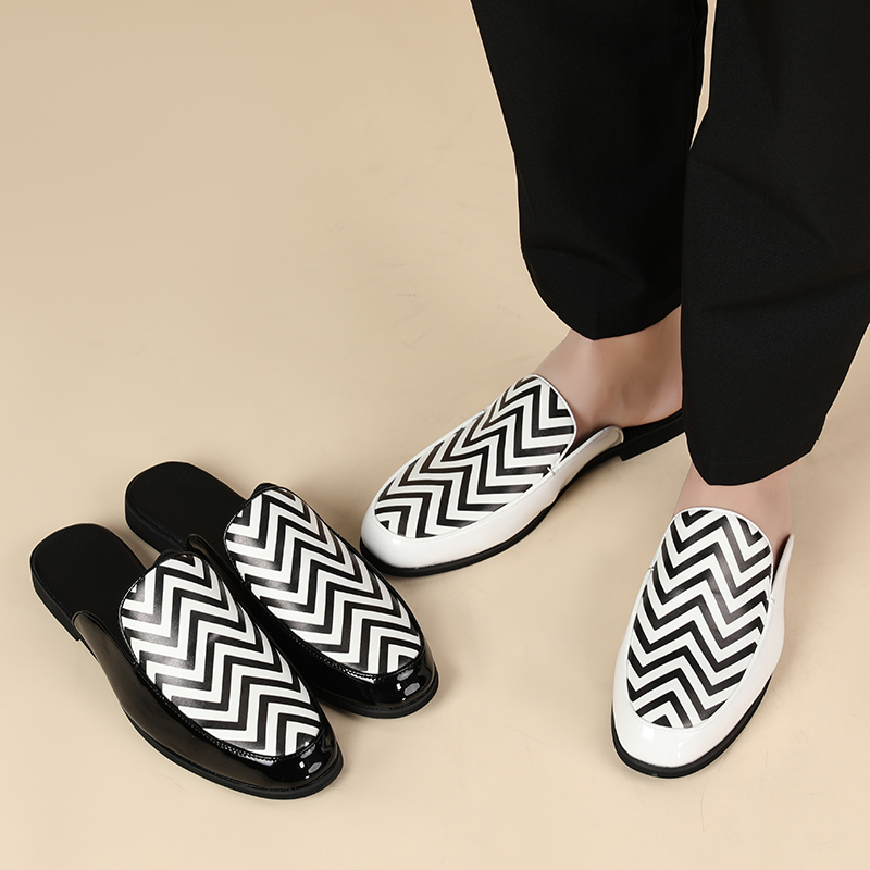 Men'S Fashion Loafers Shoes - รองเท้าแตะหนังแฟชั่นสำหรับผู้ชาย แบบหัวปิด ลายทางพิมพ์ รองเท้าแตะครึ่งเท้า รองเท้าหนังลำลองสำหรับผู้ชาย แบบสวมไม่มีส้น
