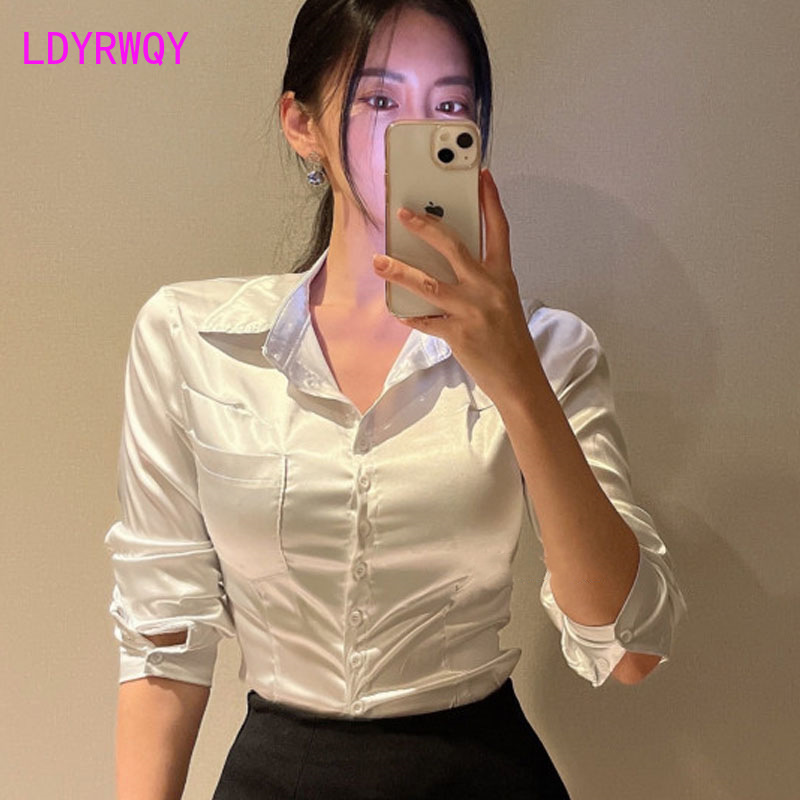 Polo Shirt Slim - เสื้อแขนยาวคอโปโลผู้หญิงเสื้อซาตินสไตล์ใหม่สำหรับ2023ฤดูใบไม้ร่วงและฤดูหนาว