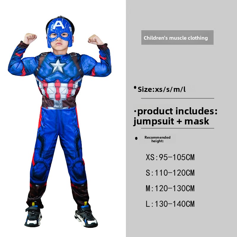 Mens Fashion Jumpsuit - ชุดกล้ามเนื้อสไปเดอร์แมนสำหรับเด็ก พร้อมหน้ากาก ตัวละครกัปตันอเมริกา ชุดคอสเพลย์ซูเปอร์ฮีโร่สำหรับงานปาร์ตี้ฮาโลวีน ชุดแยกชิ้นพร้อมที่ครอบศีรษะ