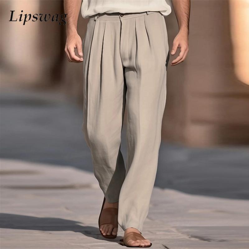 Men'S Fashion Linen Pants - Casual Breathable สีทึบกางเกงผ้าลินินผู้ชายฤดูใบไม้ผลิฤดูร้อนทุกวันหลวมตรงกางเกงสําหรับบุรุษแฟชั่นกางเกงจีบ