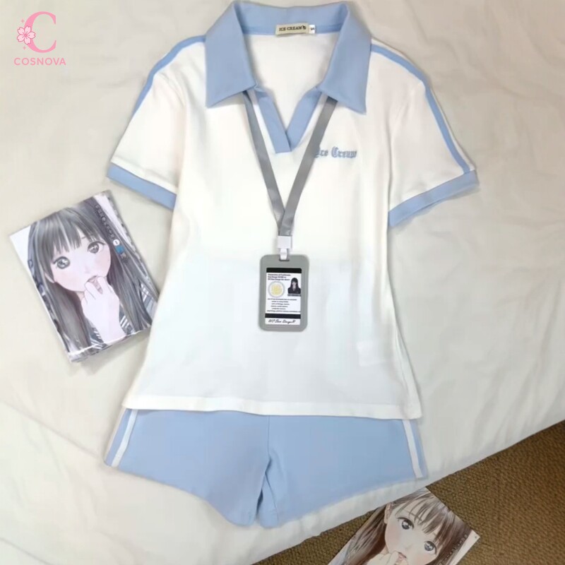 Polo Shirt Slim - เสื้อโปโลสไตล์ญี่ปุ่นสำหรับผู้หญิง สีฟ้าอ่อน แต่งขอบสีขาว ชุดกางเกงขาสั้น น่ารัก สไตล์ฮาราจูกุ