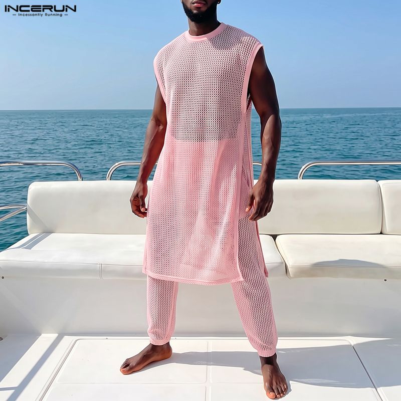 Men'S Fashion For Summer - ชุดเซ็ตผู้ชาย INCERUN เสื้อกั๊กตาข่ายซีทรูแขนกุดทรงไม่สมมาตรพร้อมกางเกง ชุดสองชิ้น สตรีทแวร์เซ็กซี่ แฟชั่นปี