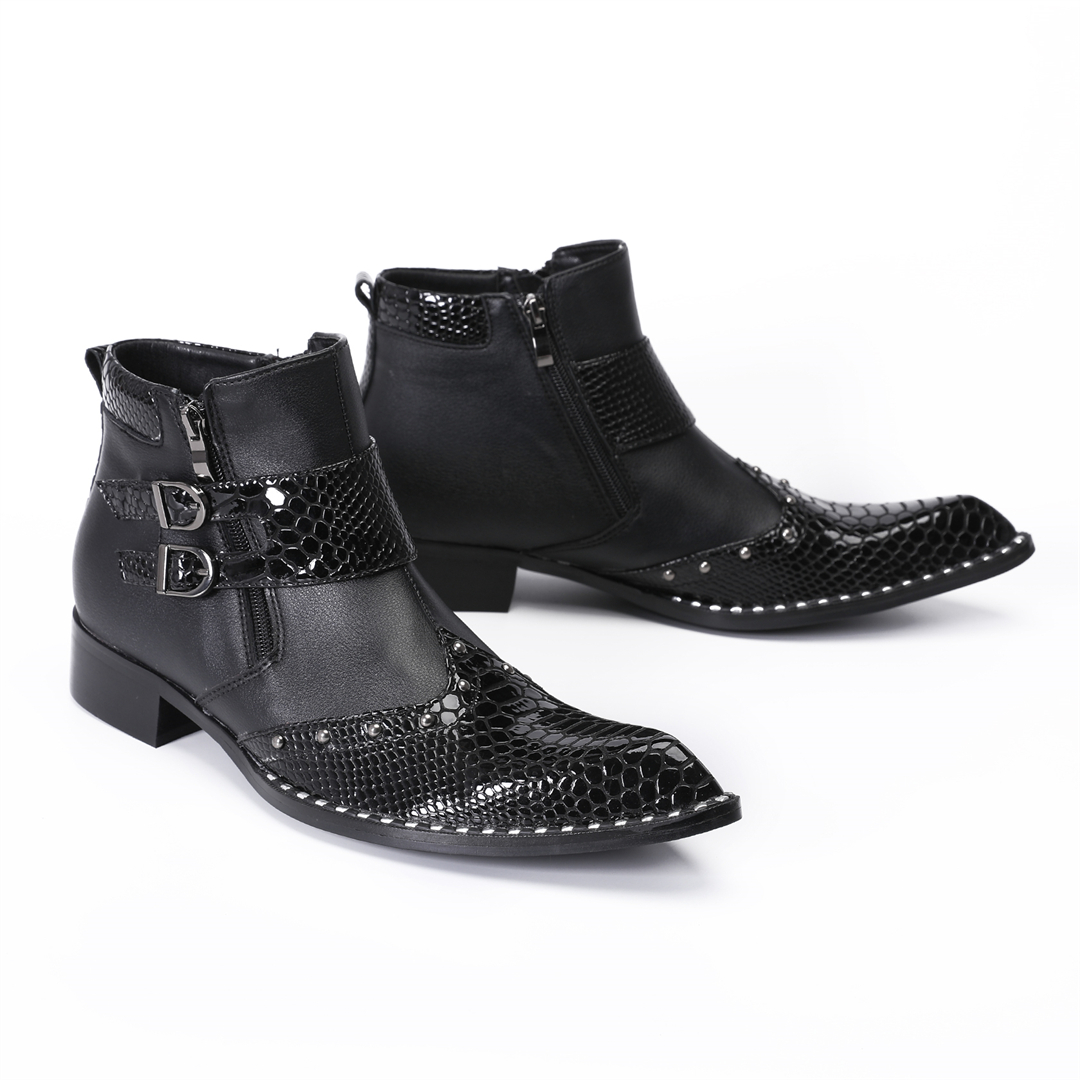 Mens Fashion Dress - รองเท้าบูทข้อเท้าหนังแท้ทรงหัวแหลมประดับหมุดสไตล์แฟชั่นสำหรับผู้ชาย ไซส์ใหญ่ เหมาะสำหรับใส่ไปไนต์คลับ งานปาร์ตี้ หรือใส่ทำงาน
