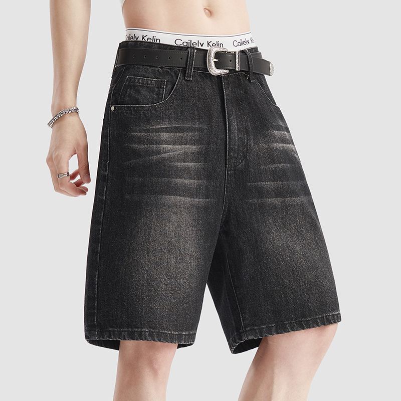 Men Fashion Jeans - กางเกงยีนส์ขาสั้นสีดำบางเบาสำหรับฤดูร้อน แฟชั่นเกาหลีทรงหลวมสไตล์เรโทร ล้างสีแล้ว ผ้าฝ้ายสีพื้นลำลองสำหรับผู้ชาย
