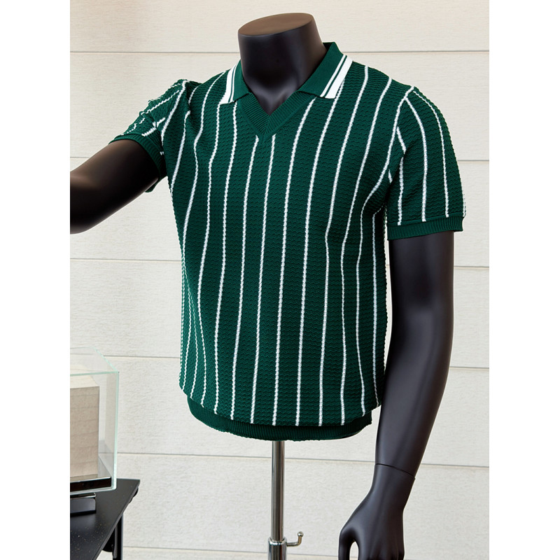 Men'S Fashion V Neck T Shirts - เสื้อโปโลคอวีลายทางผ้าไหมน้ำแข็งสำหรับฤดูร้อน เสื้อสเวตเตอร์ถักลำลองแฟชั่นสำหรับผู้ชาย เสื้อยืดโปโลลำลองสไตล์ธุรกิจ เสื้อผ้าผู้ชาย