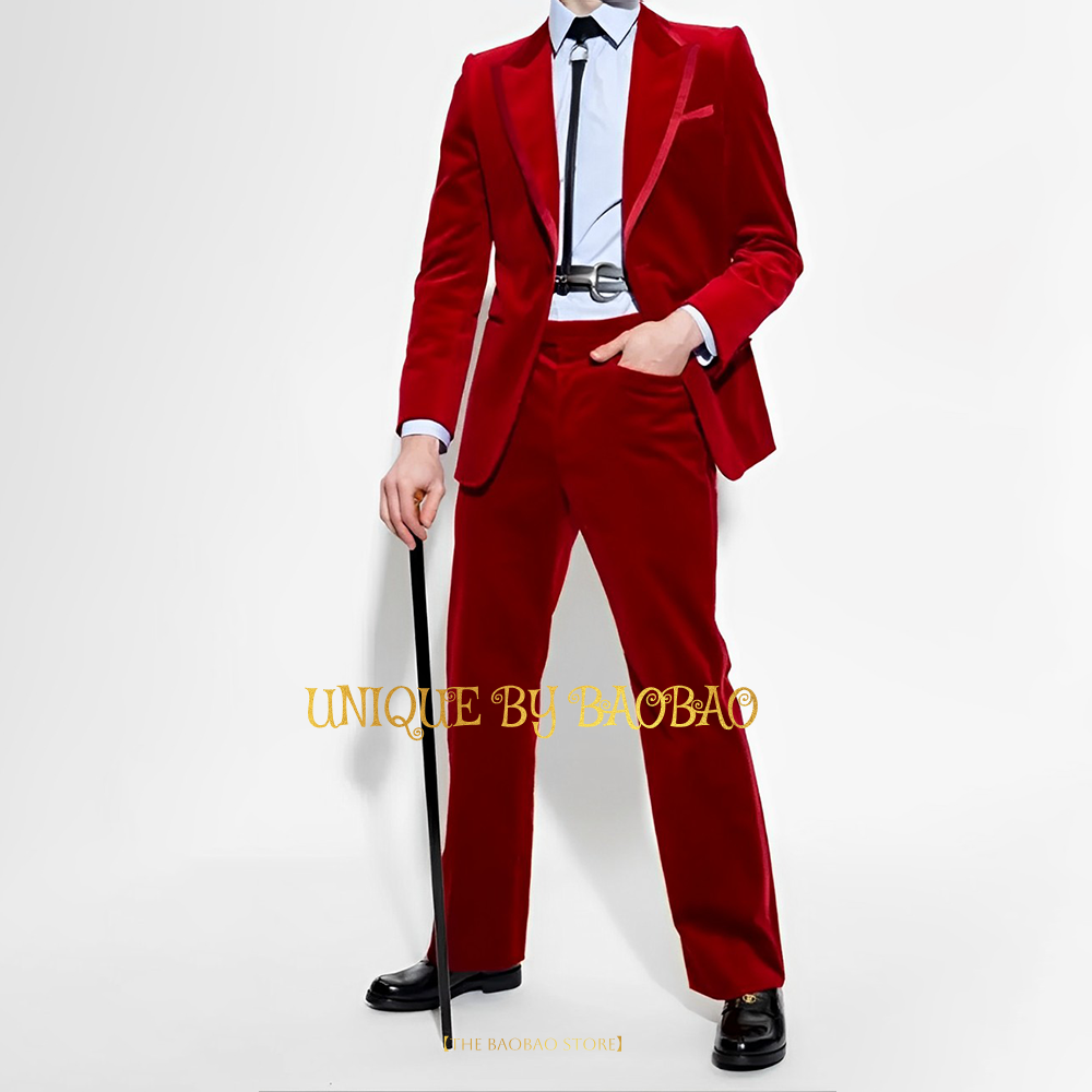 Men'S Fashion Xmas Party - ชุดสูท2ชิ้นผ้ากำมะหยี่สีแดงสำหรับผู้ชาย (แจ็คเก็ต + กางเกง) เสื้อเบลเซอร์มีปกผ้าซาตินสำหรับงานแต่งงานงานวันเกิดคริสต์มาสปาร์ตี้ทักซิโด้