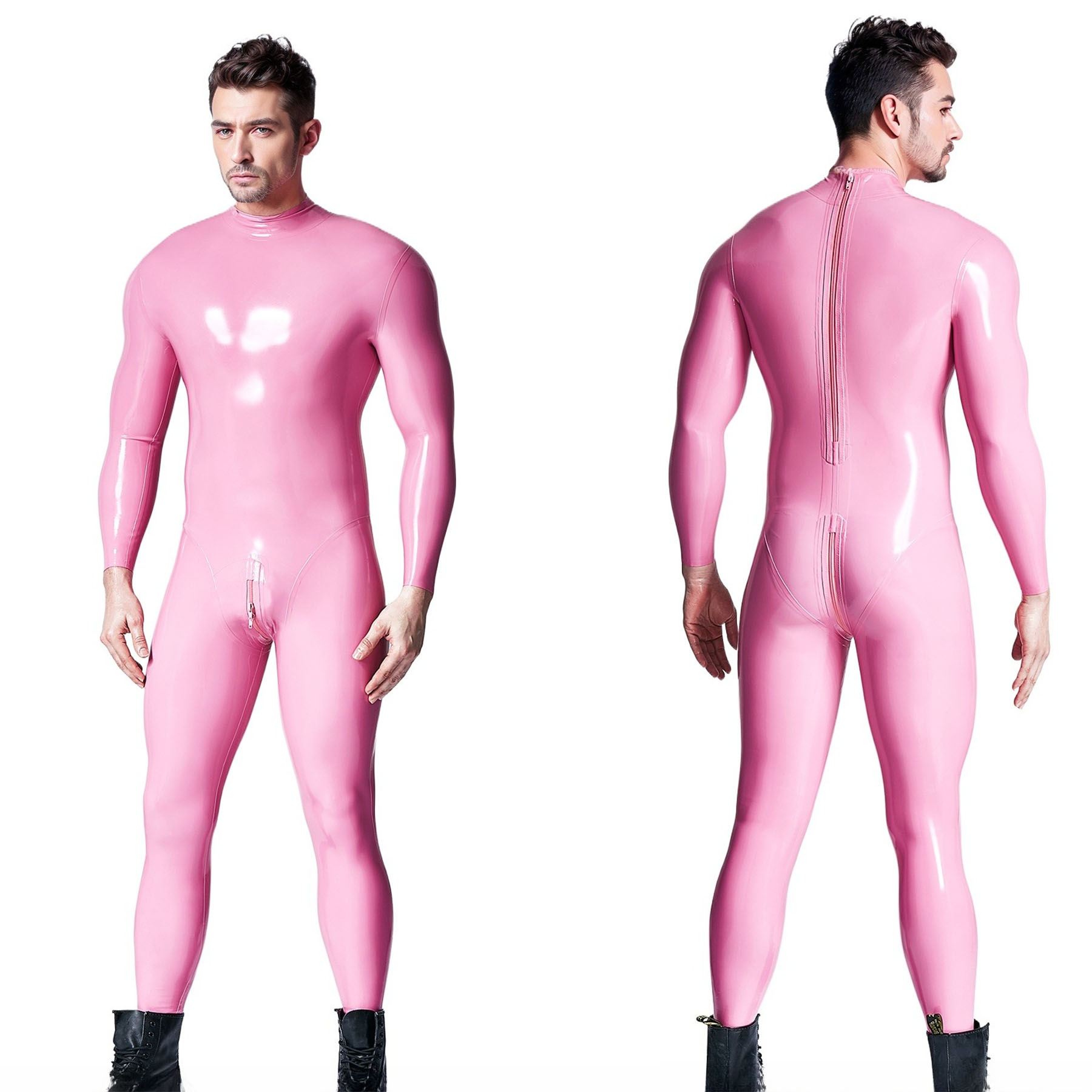 Mens Fashion Jumpsuit - ชุดแคทสูททำมือสีชมพู ทำจากยางลาเท็กซ์ แบบเต็มตัว แขนยาว ซิปด้านหน้า รัดรูป