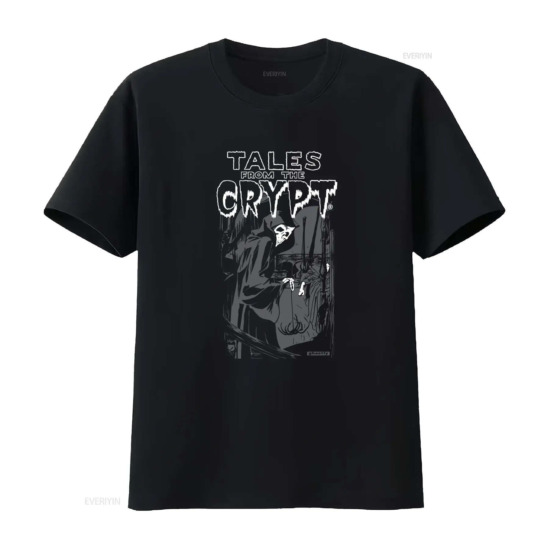 Mens Fashion Black Shirt - เสื้อยืดลายวินเทจจากเรื่องราวในห้องใต้ดิน ลายกริมรีปเปอร์ สีดำ สำหรับผู้ชาย ดีไซน์สยองขวัญสไตล์เรโทร วินเทจ