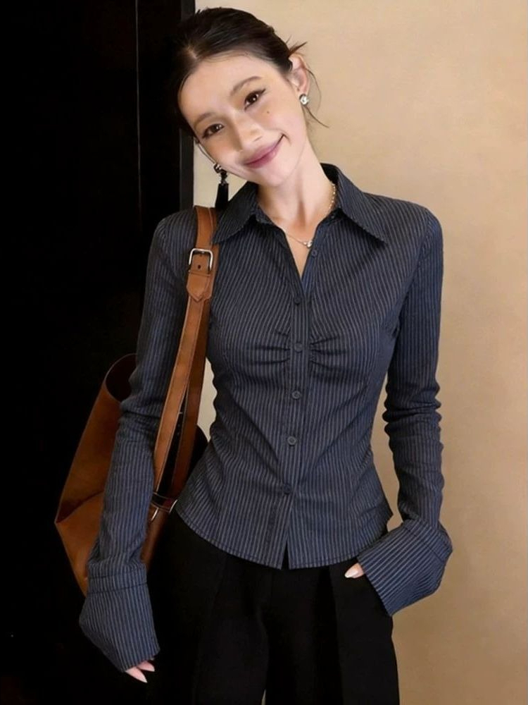 Polo Shirt Slim - เสื้อเชิ้ตแขนยาวลายทางสีน้ำเงินกรมท่าผู้หญิง 2026 ฤดูใบไม้ผลิสไตล์เกาหลีหรูหราเก๋ไก๋สำนักงานแฟชั่นลำลองเสื้อเชิ้ตด้านบน