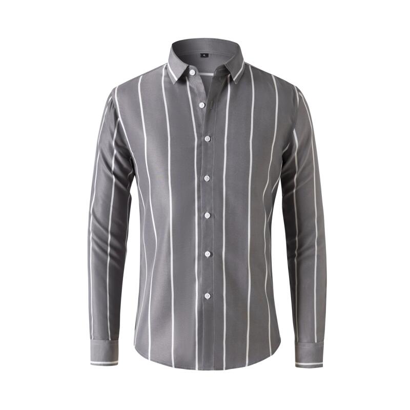 Mens Fashion Dress - เสื้อเชิ้ตลายทางแขนยาวทรงเข้ารูปสำหรับผู้ชาย เสื้อทำงานทางการ ผ้าไม่ยับ ใส่ทำงานได้ ใส่ลำลองได้ แฟชั่นเสื้อผ้าผู้ชาย