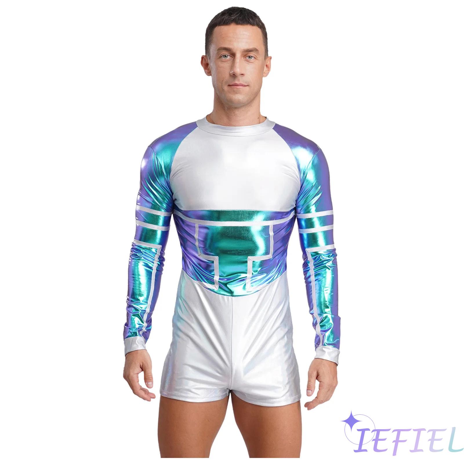 Mens Fashion Jumpsuit - ชุดคอสเพลย์นักบินอวกาศเอเลี่ยนสำหรับผู้ชายในเทศกาลฮาโลวีน ชุดจั๊มสูทบอดี้สูทแขนยาวสีตัดกันมันวาวแบบเมทัลลิก ซิปหลัง