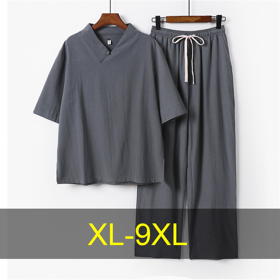 Men'S Fashion V Neck T Shirts - 9XL Plus ขนาดชายชุดฤดูร้อนผ้าลินินเสื้อยืดกางเกงแฟชั่นสบายๆสีทึบชุดชายขนาดใหญ่ 9XL