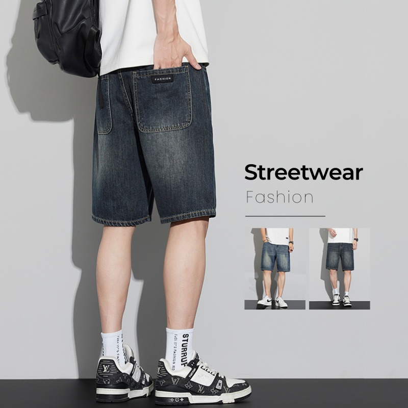 Men Fashion Jeans - ผู้ชายกางเกงยีนส์วินเทจกางเกงขาสั้นฤดูร้อนบางแฟชั่นตรงหลวมสั้นกางเกงสบายบุคลิกภาพขากว้างกางเกงยีนส์สบายๆ