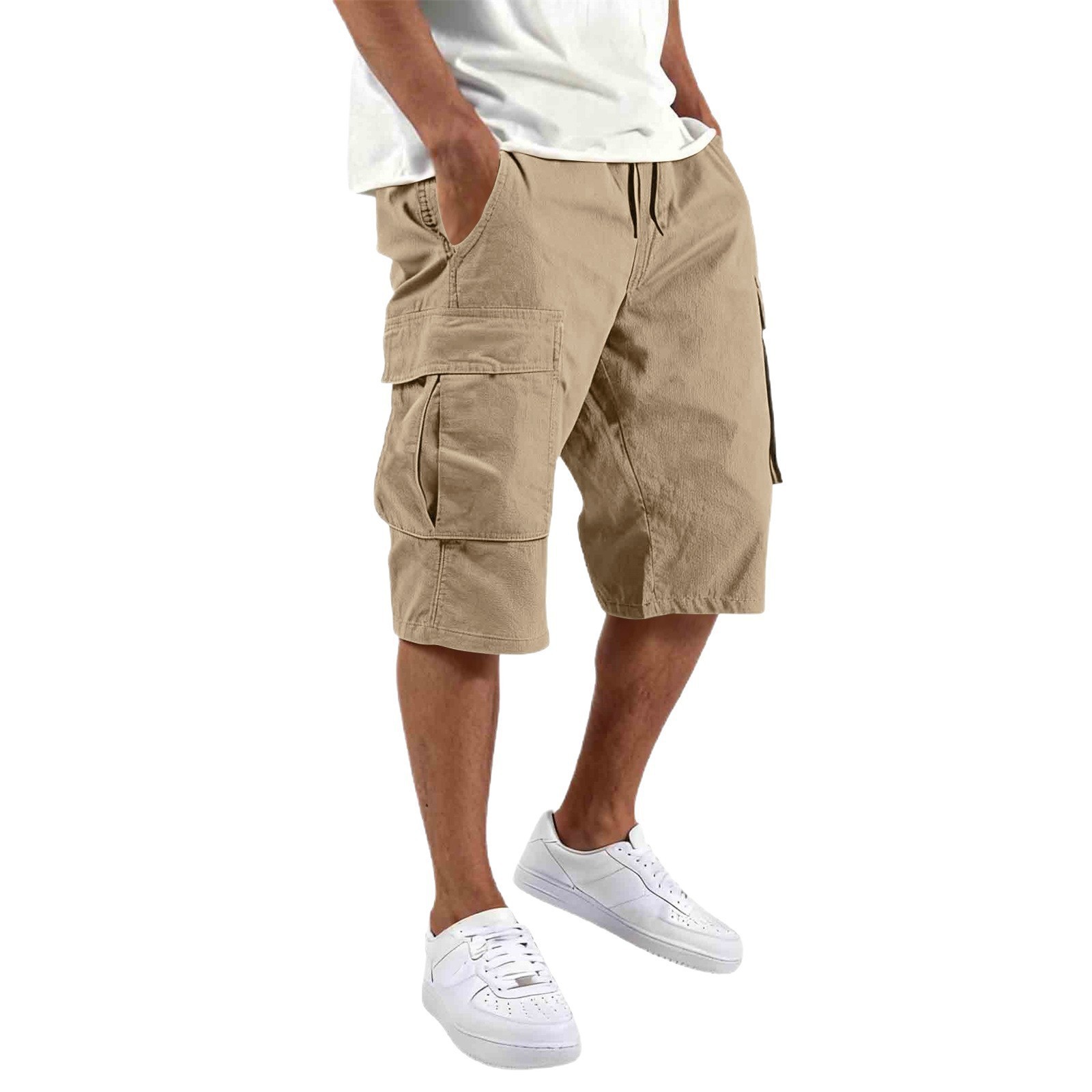 Mens Fashion Cargo Pants - กางเกงขาสั้นผู้ชายทรงตรงหลวมๆ สไตล์ลำลอง หลายกระเป๋า สีพื้น แฟชั่น ปี