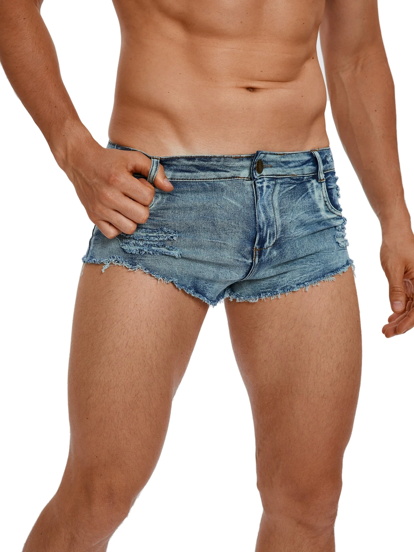 Men Fashion Jeans - กางเกงยีนส์ขาสั้นเอวต่ำแฟชั่นสำหรับผู้ชาย มีกระเป๋า กางเกงลำลองฤดูร้อน สีเดนิมวินเทจ กางเกงขาสั้นสำหรับออกงานกลางคืน เสื้อผ้าผู้ชาย