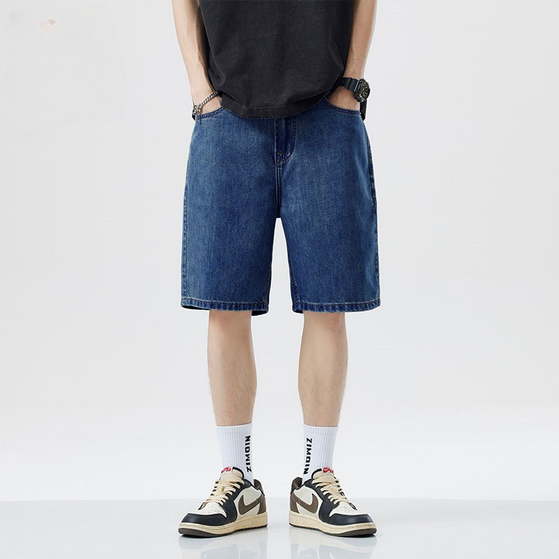 Men Fashion Jeans - กางเกงยีนส์ขาสั้นผู้ชายรุ่นใหม่ประจำปี 2025 ผ้ายีนส์ยืดสีน้ำเงินเข้ม ดีไซน์แฟชั่นทรงสลิมตรง