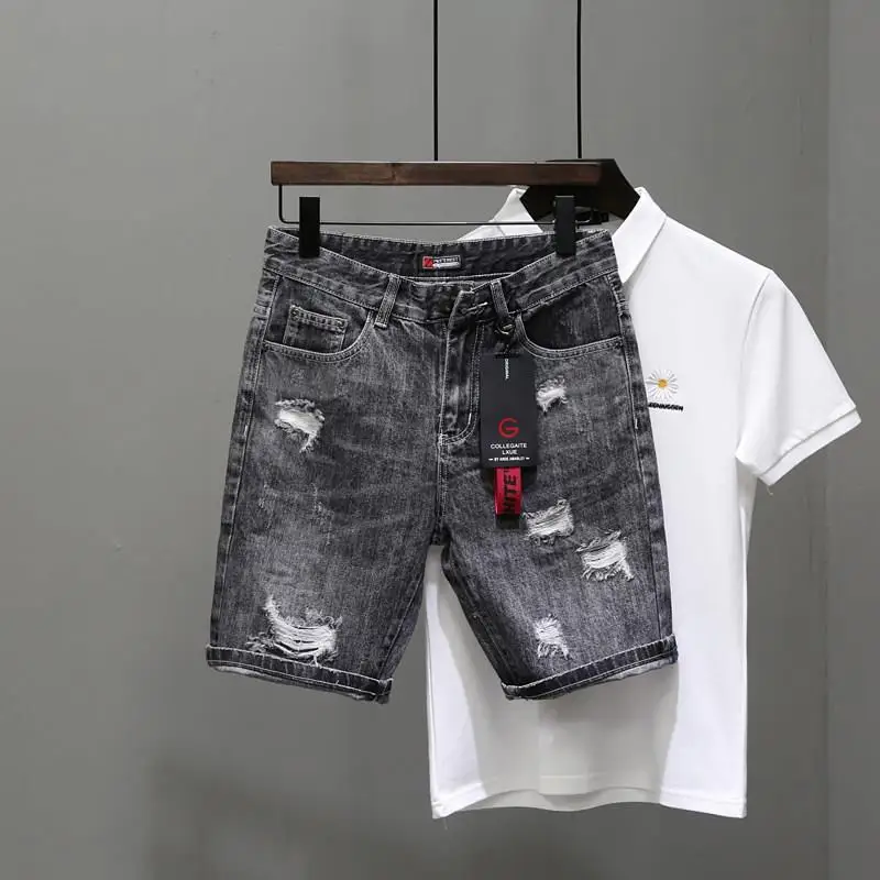 Men Fashion Jeans - กางเกงยีนส์ขาสั้นผู้ชายสีดำเทา celana pendek DENIM ผู้ชายมีกระดุมดีไซน์เนอร์ Emo