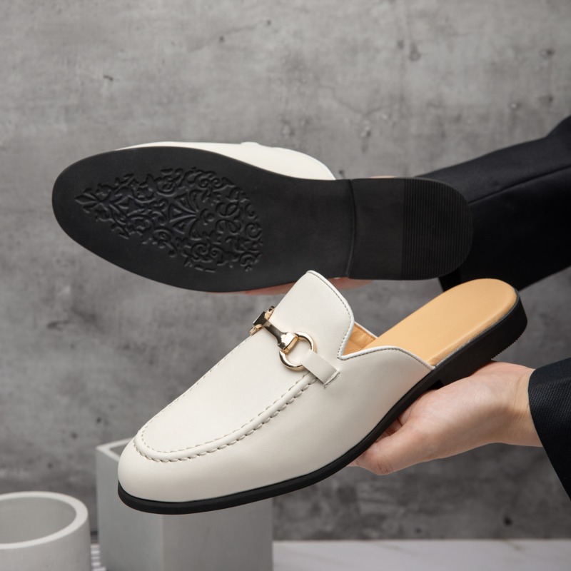 Men'S Fashion Loafers Shoes - รองเท้าแฟชั่นดีไซน์ใหม่สำหรับผู้ชาย หนังแก้ว รองเท้าแบบสวมครึ่งเท้า รองเท้าลำลอง รองเท้าสไลด์ สีขาว