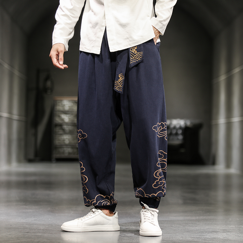 สไตล์จีนRetroมงคลเมฆพิมพ์กางเก - Men'S Fashion Linen Pants บทวิจารณ์และราคา