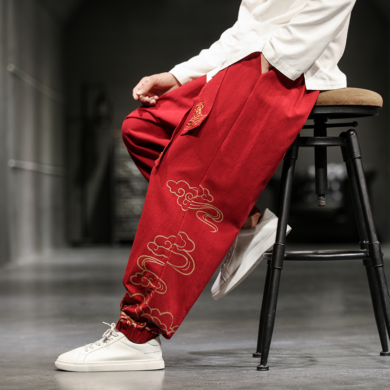 สไตล์จีนRetroมงคลเมฆพิมพ์กางเก - Men'S Fashion Linen Pants บทวิจารณ์และราคา