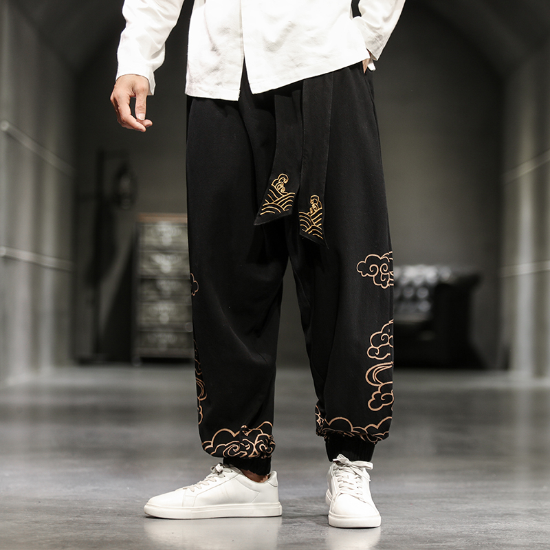 สไตล์จีนRetroมงคลเมฆพิมพ์กางเก - Men'S Fashion Linen Pants บทวิจารณ์และราคา