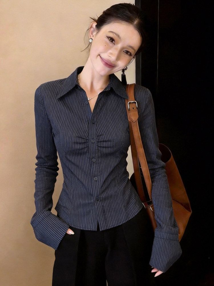 เสื้อเชิ้ตแขนยาวลายทางสีน้ำเงิ - Polo Shirt Slim บทวิจารณ์และราคา
