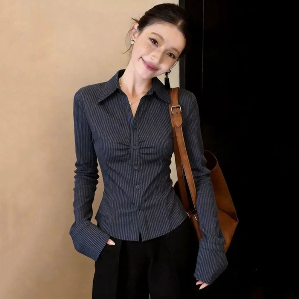 เสื้อเชิ้ตแขนยาวลายทางสีน้ำเงิ - Polo Shirt Slim บทวิจารณ์และราคา