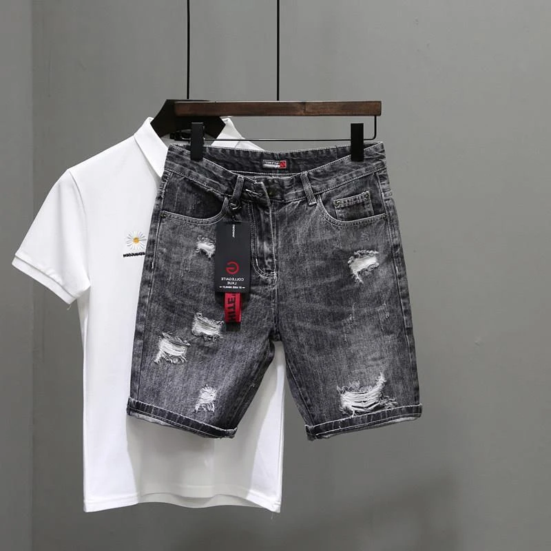 กางเกงยีนส์ขาสั้นผู้ชายสีดำเทา - Men Fashion Jeans บทวิจารณ์และราคา
